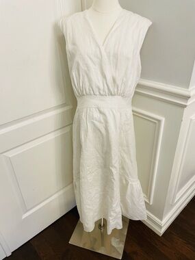 Alice Blue vintage 100 percent linen White V-Neck Sleeveless Midi Dress